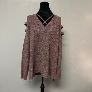 Women's Moral Fiber V-Neck Sweater 2X Burgundy White cold shoulder accents